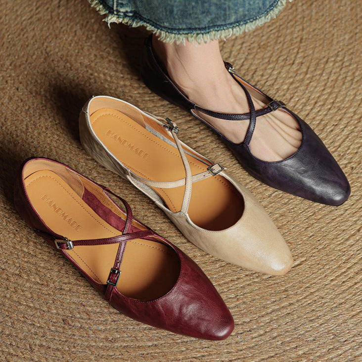 Women's Leather Ballet Flats Almond Toe Cross-Strap Wedge