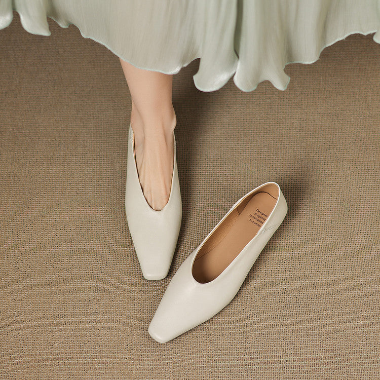 Women's Leather Flats Square Toe Hidden Wedge Slip-On