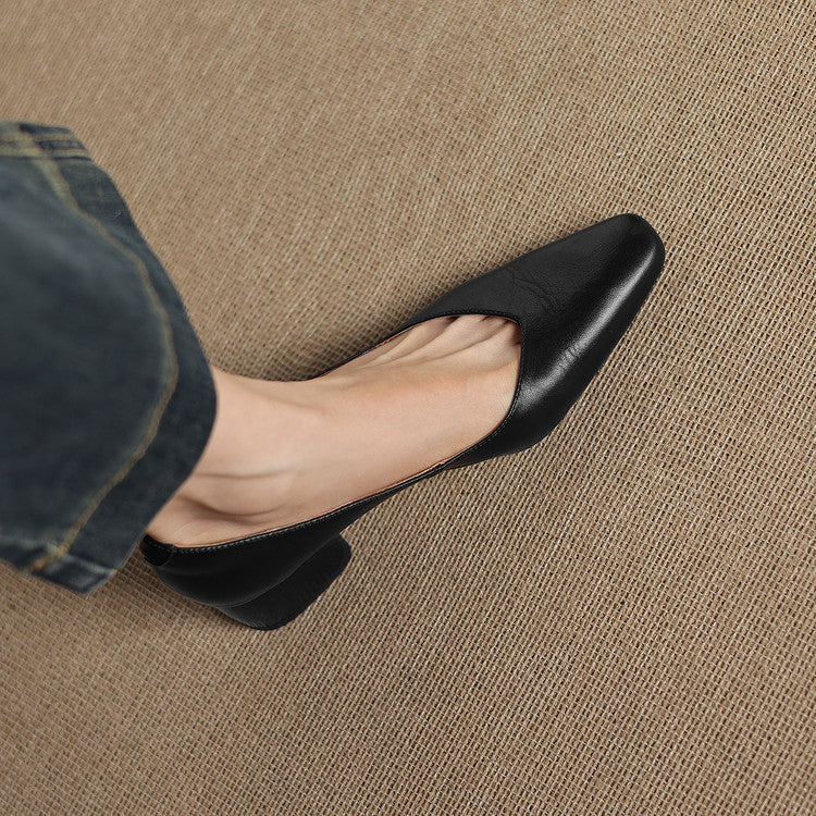 Women's Leather Pumps Sculpted Toe Block Heel Slip-On