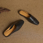 Women's Woven Leather Mules Square Toe Slip-On