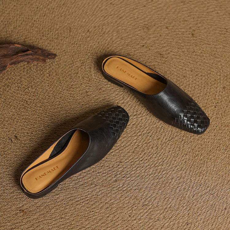 Women's Woven Leather Mules Square Toe Slip-On