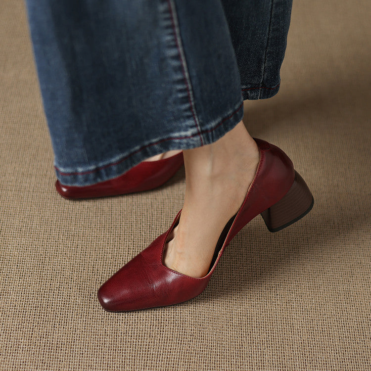 Women's Leather Pumps Sculpted Toe Block Heel Slip-On