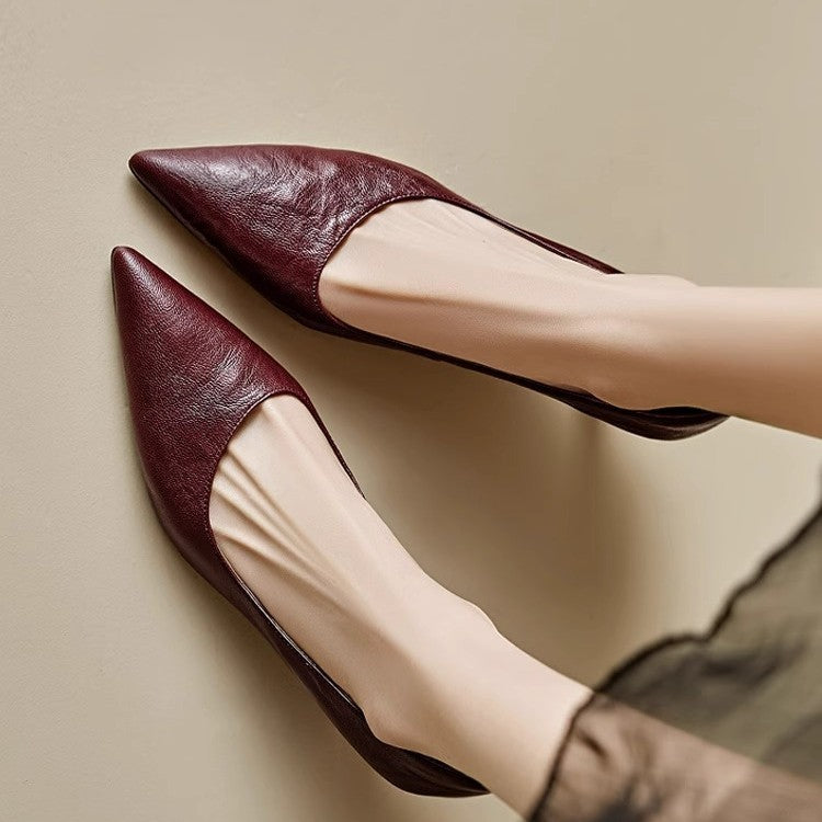 Women's Leather Kitten Heels Pointed Toe Slip-On