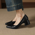Women's Leather Pumps Sculpted Toe Block Heel Slip-On