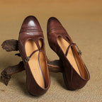 Women's Leather Brogue Flats T-Strap Buckle Lace-Up