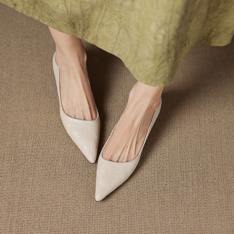 Women's Leather Kitten Heels Pointed Toe Slip-On