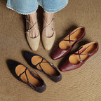 Women's Leather Ballet Flats Almond Toe Cross-Strap Wedge