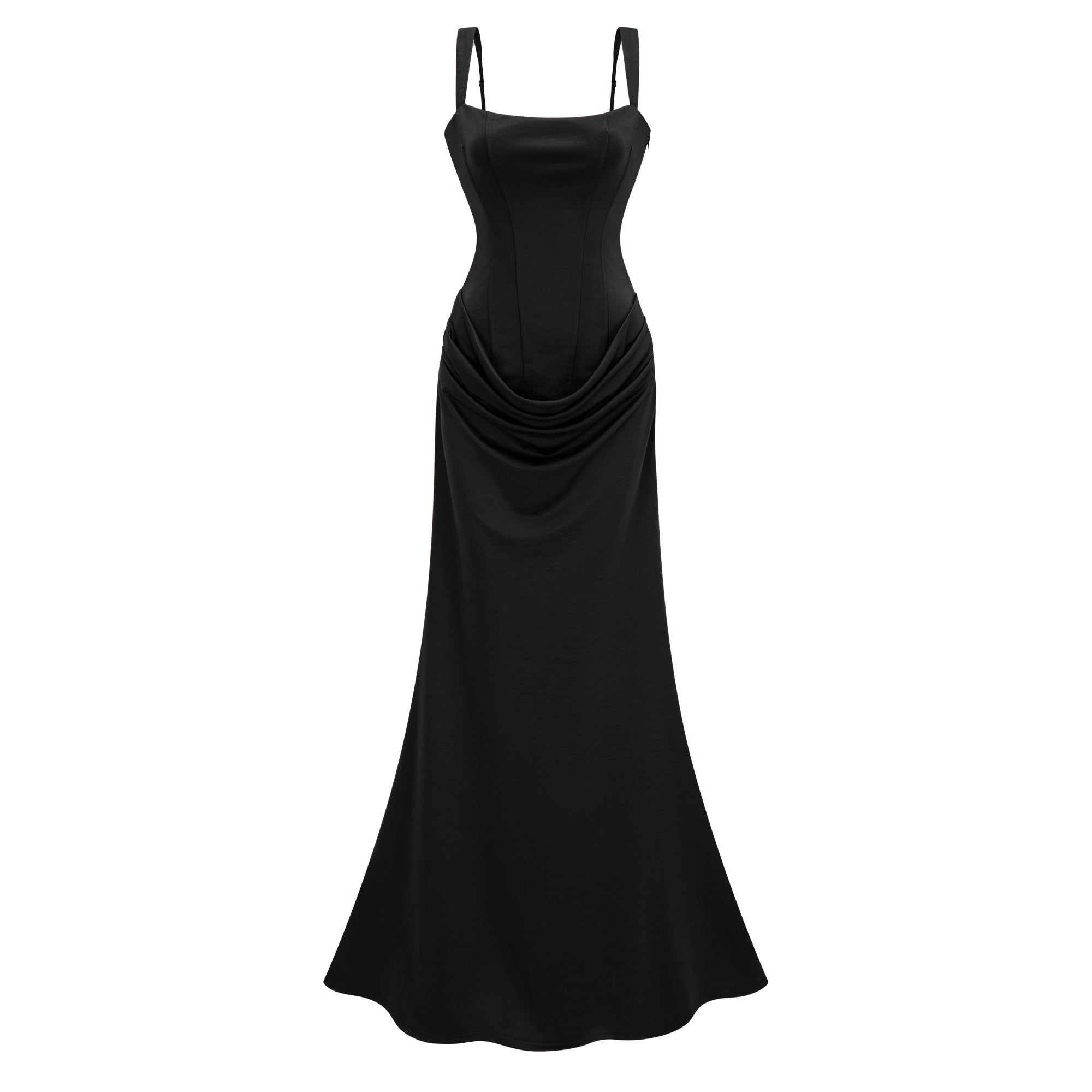 Paulette Ruched Corset Maxi Dress Sleeveless Rear Lace-Up Detail Black