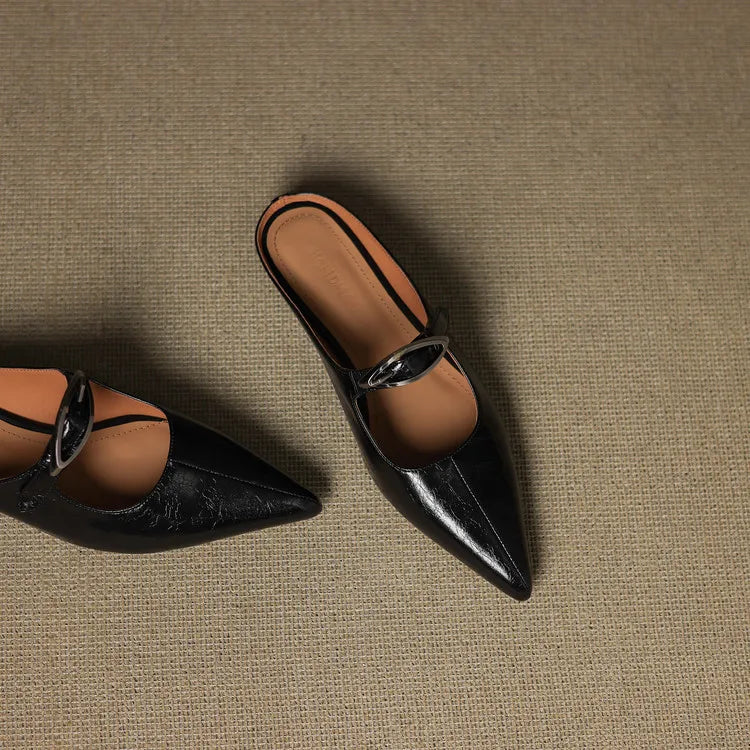 Women's Leather Mules Pointed Toe Slip-On Buckle Strap