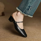 Women's Leather Mary Jane Mules Block Heel Buckled Strap