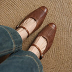 Women's Leather Mary Jane Mules Block Heel Buckled Strap