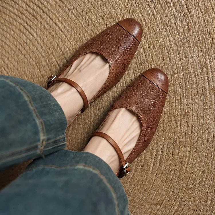 Women's Leather Mary Jane Mules Block Heel Buckled Strap
