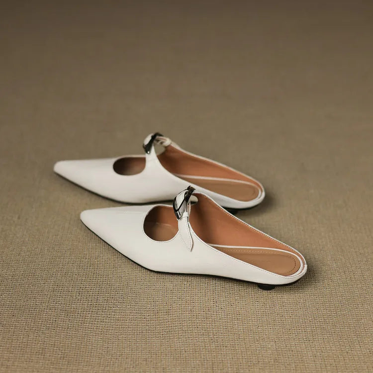 Women's Leather Mules Pointed Toe Slip-On Buckle Strap