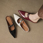 Women's Leather Mules Pointed Toe Slip-On Buckle Strap