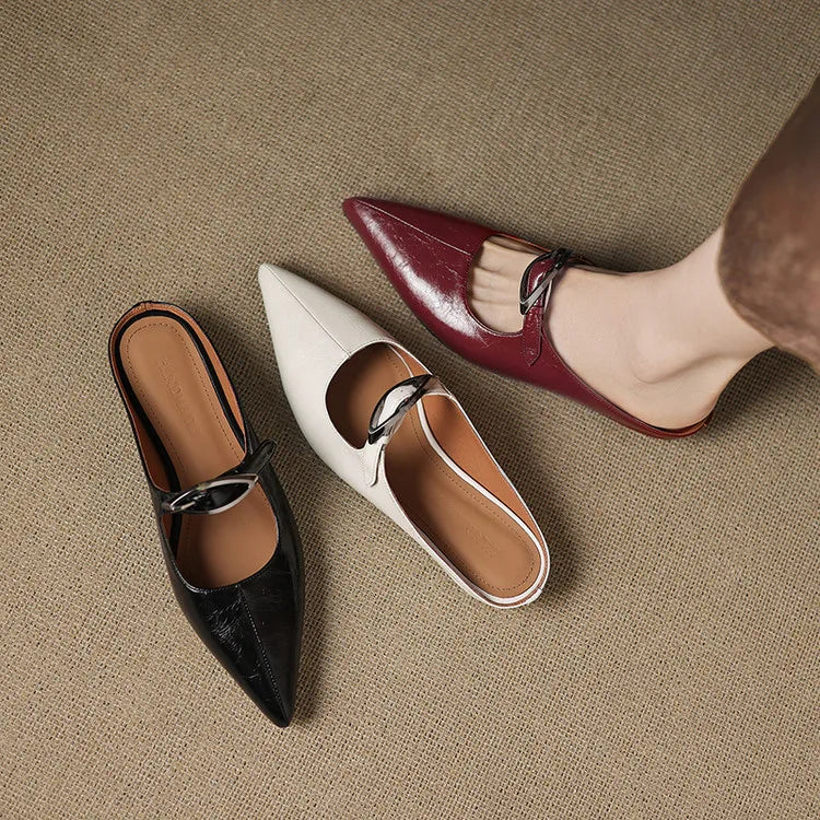 Women's Leather Mules Pointed Toe Slip-On Buckle Strap
