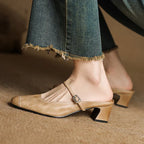 Women's Leather Mary Jane Mules Block Heel Buckled Strap