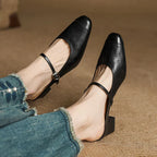 Women's Leather Mary Jane Mules Block Heel Buckled Strap