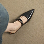 Women's Leather Mules Pointed Toe Slip-On Buckle Strap