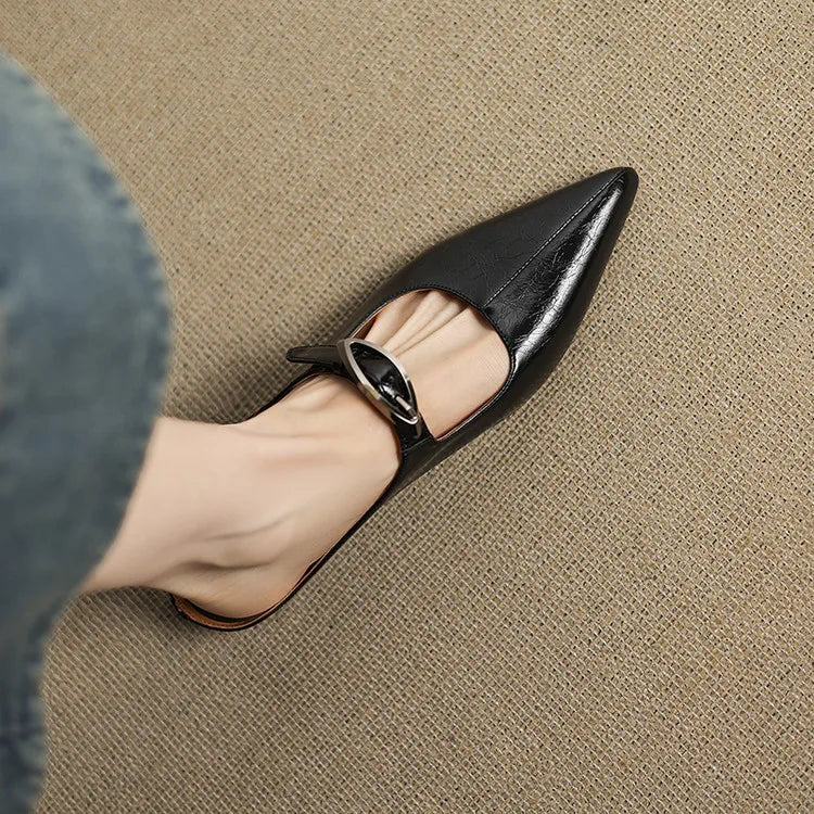 Women's Leather Mules Pointed Toe Slip-On Buckle Strap
