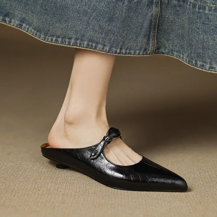 Women's Leather Mules Pointed Toe Slip-On Buckle Strap