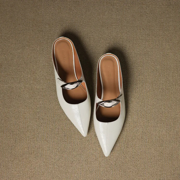 Women's Leather Mules Pointed Toe Slip-On Buckle Strap