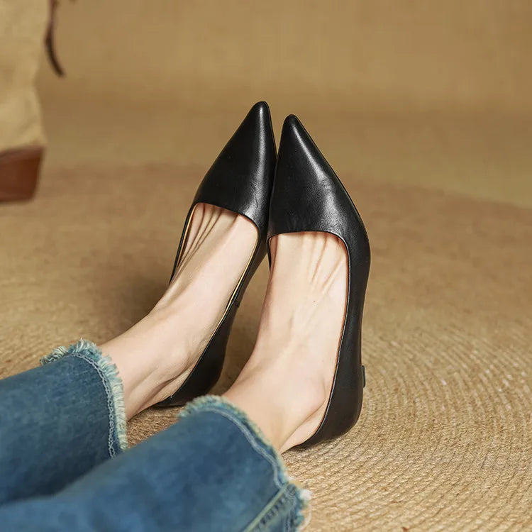 Women's Leather Kitten Heels Pointed Toe Slip-On