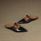 Women's Leather Mules Pointed Toe Slip-On Buckle Strap