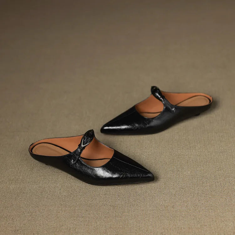 Women's Leather Mules Pointed Toe Slip-On Buckle Strap