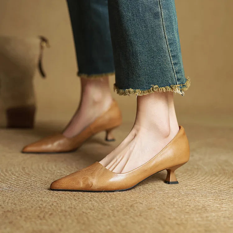 Women's Leather Kitten Heels Pointed Toe Slip-On