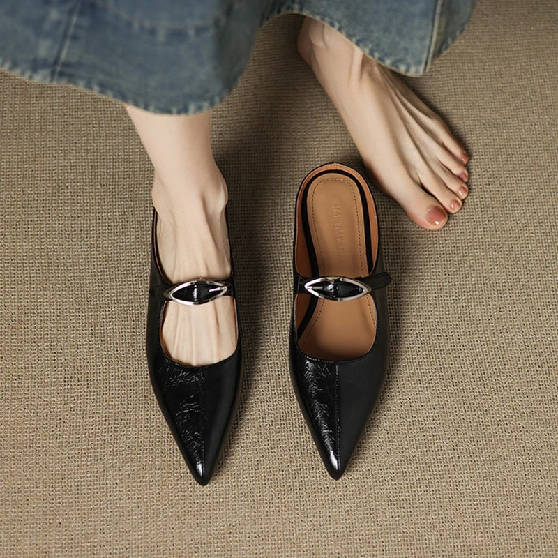 Women's Leather Mules Pointed Toe Slip-On Buckle Strap