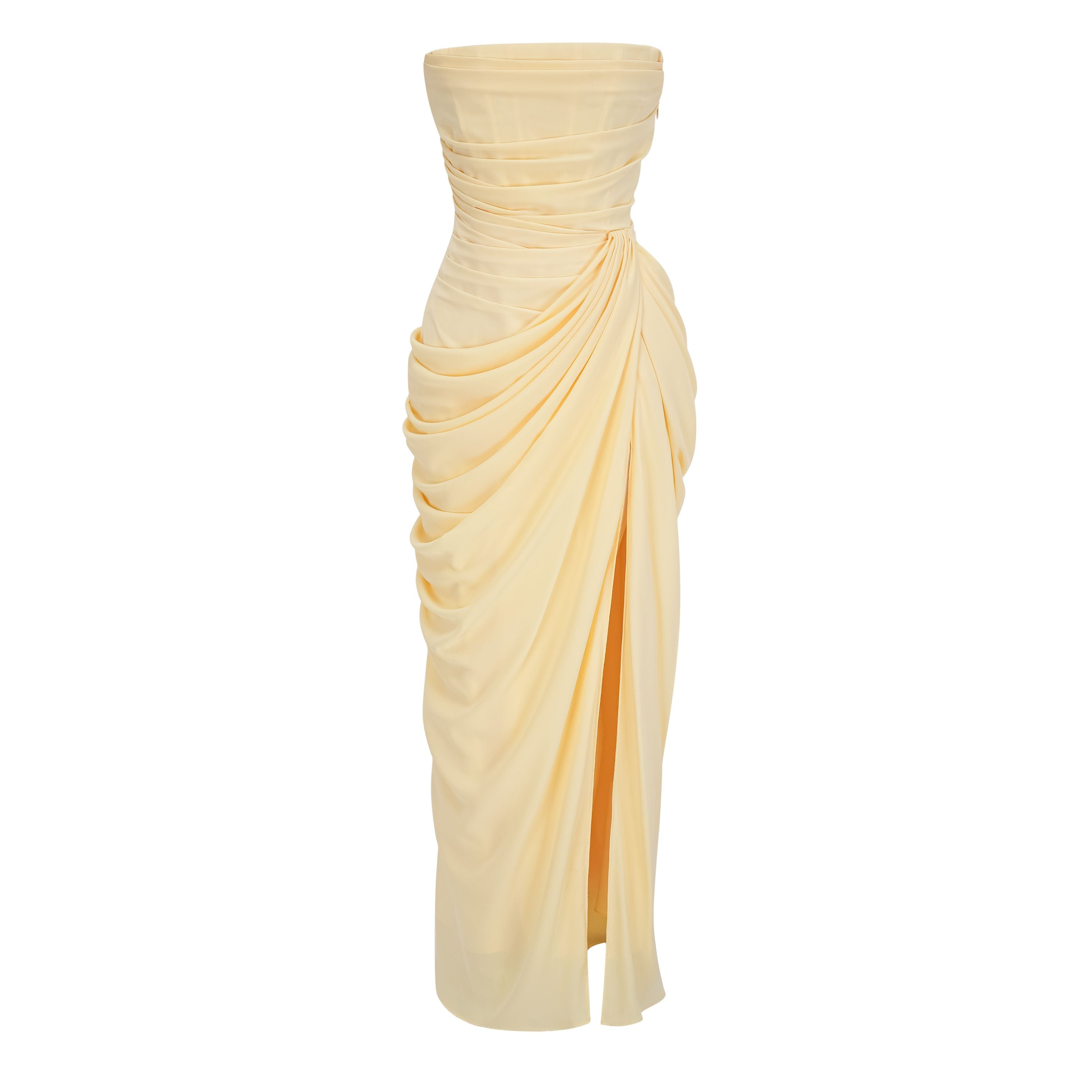 Safiya Ruched Maxi Dress Cross Front Off-Shoulder Strapless Slit Detail Yellow