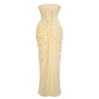 Safiya Ruched Maxi Dress Cross Front Off-Shoulder Strapless Slit Detail Yellow