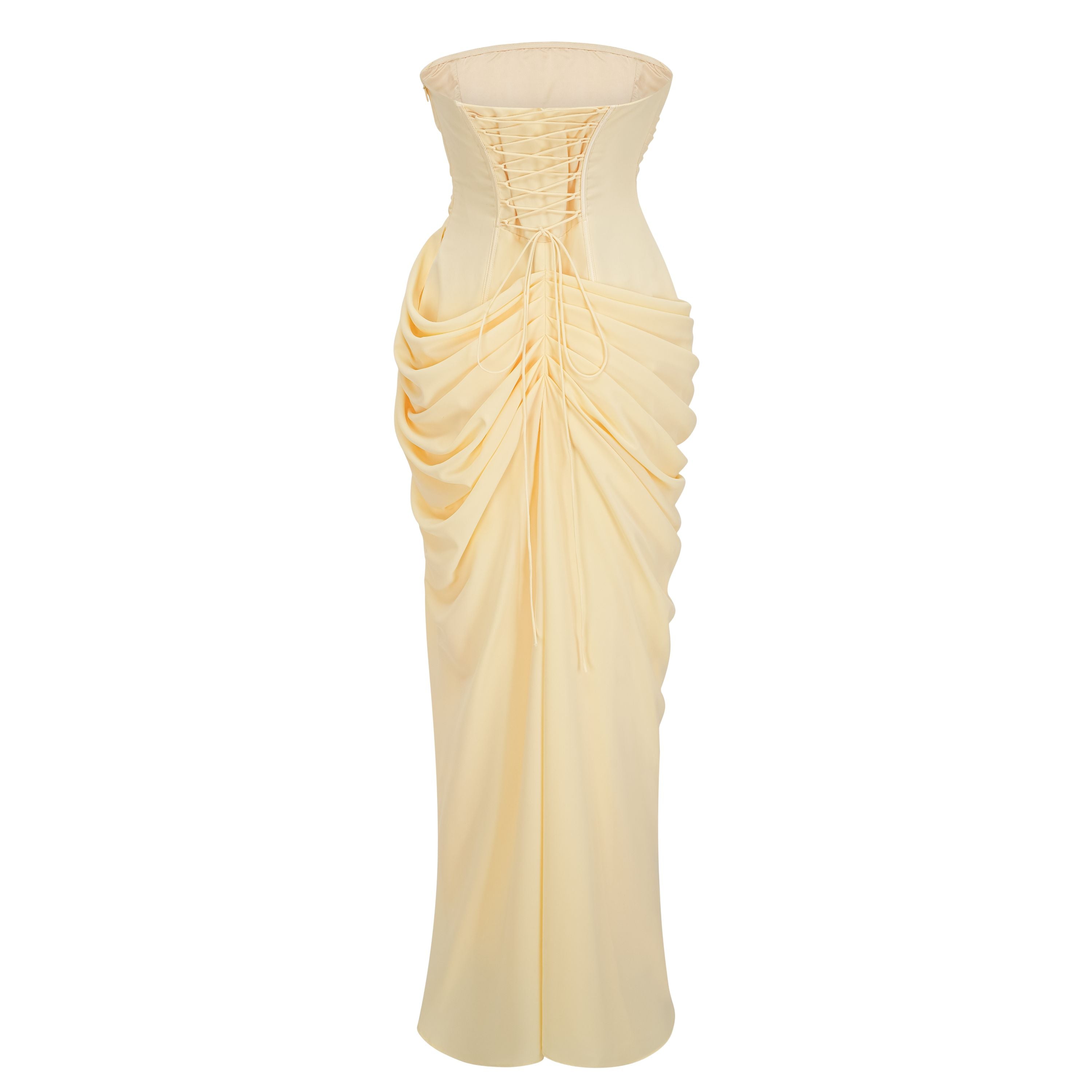 Safiya Ruched Maxi Dress Cross Front Off-Shoulder Strapless Slit Detail Yellow