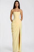 Safiya Ruched Maxi Dress Cross Front Off-Shoulder Strapless Slit Detail Yellow