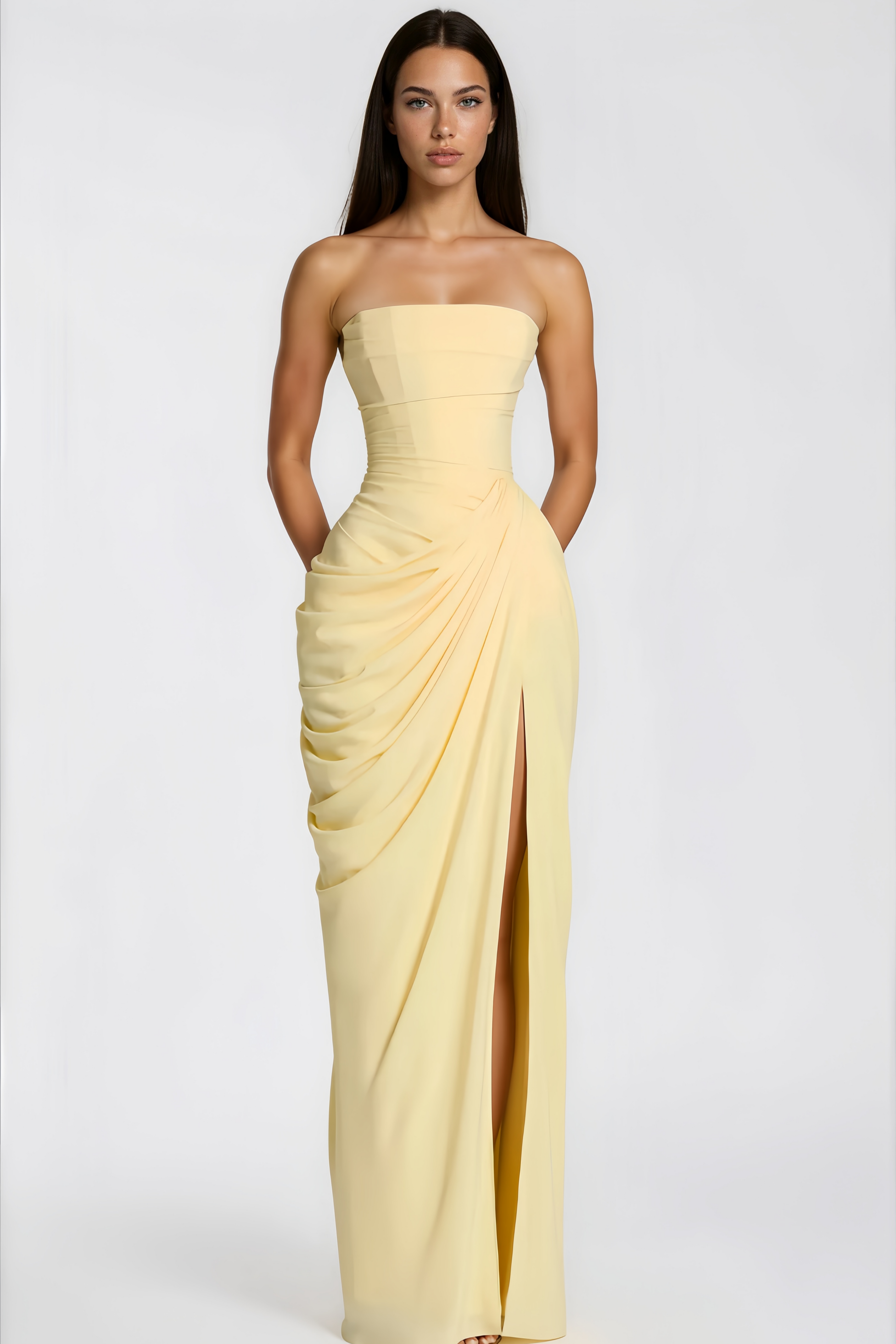 Safiya Ruched Maxi Dress Cross Front Off-Shoulder Strapless Slit Detail Yellow
