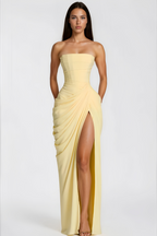 Safiya Ruched Maxi Dress Cross Front Off-Shoulder Strapless Slit Detail Yellow