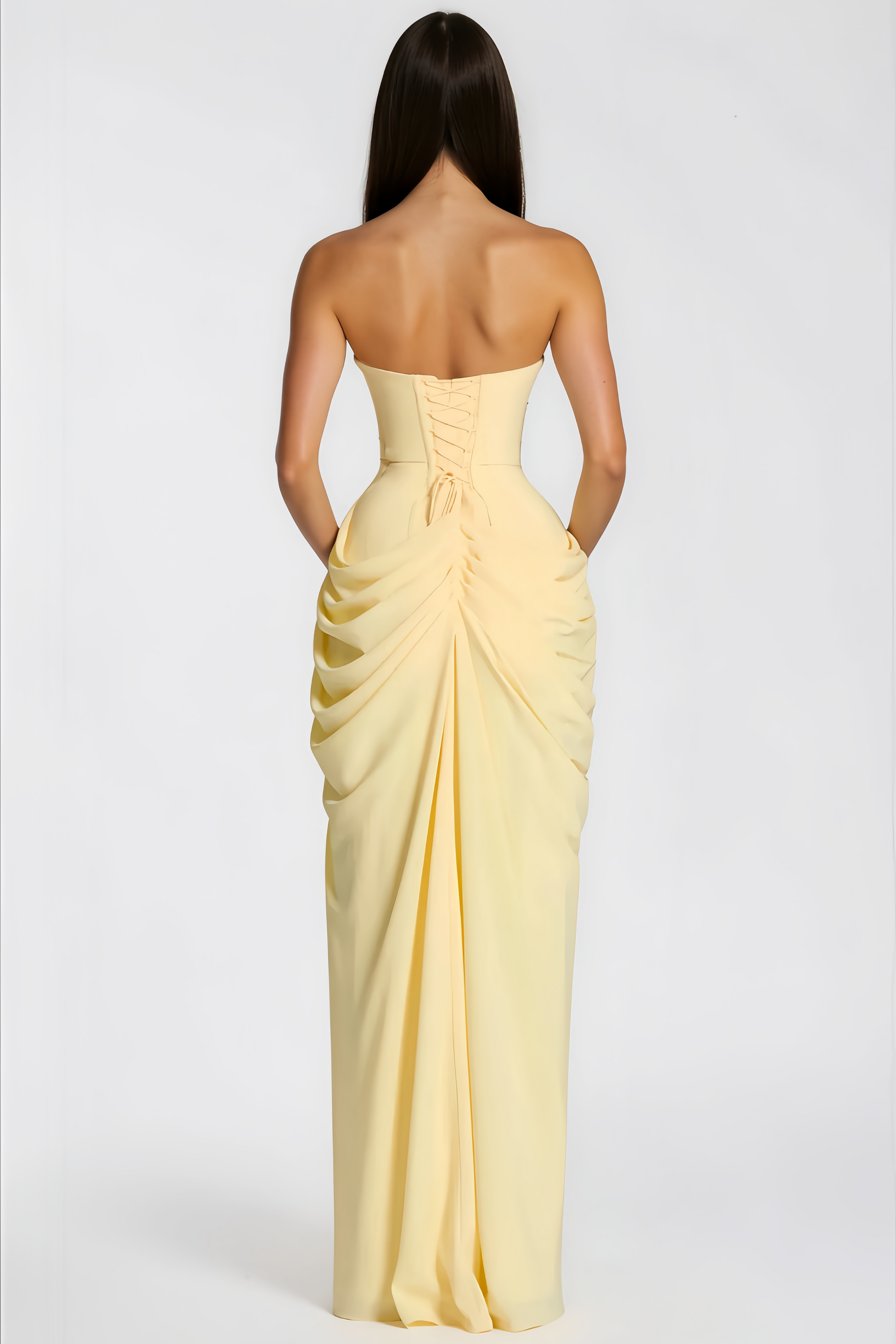 Safiya Ruched Maxi Dress Cross Front Off-Shoulder Strapless Slit Detail Yellow