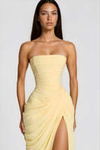 Safiya Ruched Maxi Dress Cross Front Off-Shoulder Strapless Slit Detail Yellow