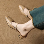Women's Leather Mary Jane Mules Block Heel Buckled Strap