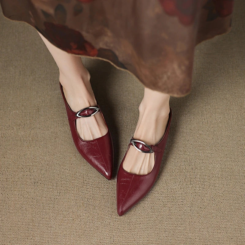 Women's Leather Mules Pointed Toe Slip-On Buckle Strap