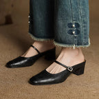 Women's Leather Mary Jane Mules Block Heel Buckled Strap