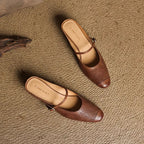 Women's Leather Mary Jane Mules Block Heel Buckled Strap