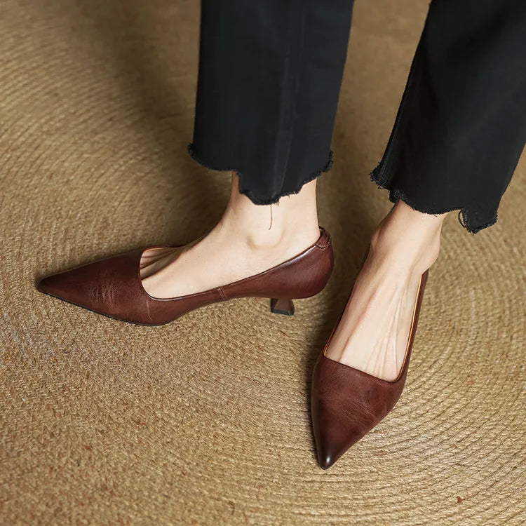 Women's Leather Kitten Heels Pointed Toe Slip-On