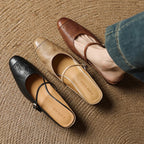 Women's Leather Mary Jane Mules Block Heel Buckled Strap