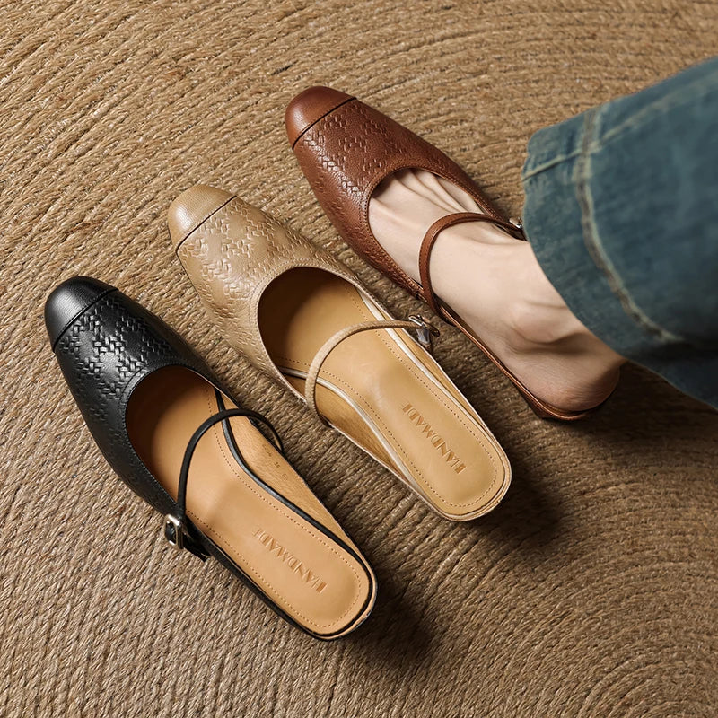 Women's Leather Mary Jane Mules Block Heel Buckled Strap