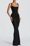 Paulette Ruched Corset Maxi Dress Sleeveless Rear Lace-Up Detail Black