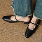 Women's Leather Mary Jane Mules Block Heel Buckled Strap