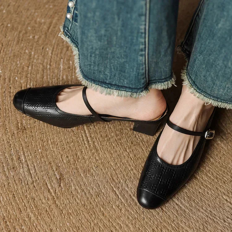 Women's Leather Mary Jane Mules Block Heel Buckled Strap