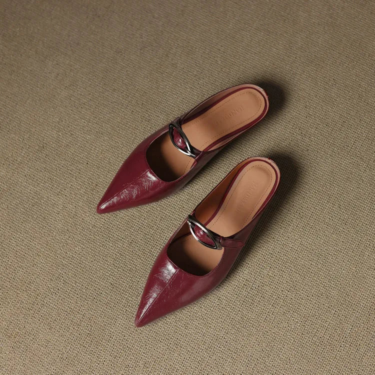 Women's Leather Mules Pointed Toe Slip-On Buckle Strap