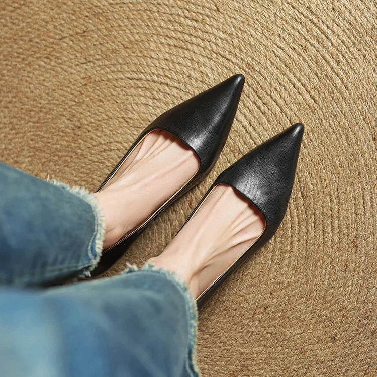 Women's Leather Kitten Heels Pointed Toe Slip-On